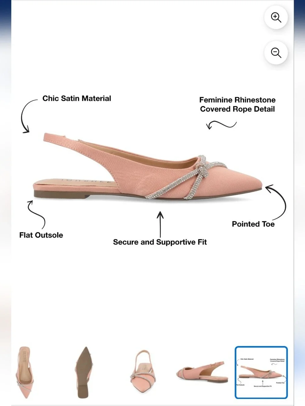 JOURNEE COLLECTION -NEW IN BOX- ROSE & CRYSTAL SATIN POINTED TOE FLATS sz 9